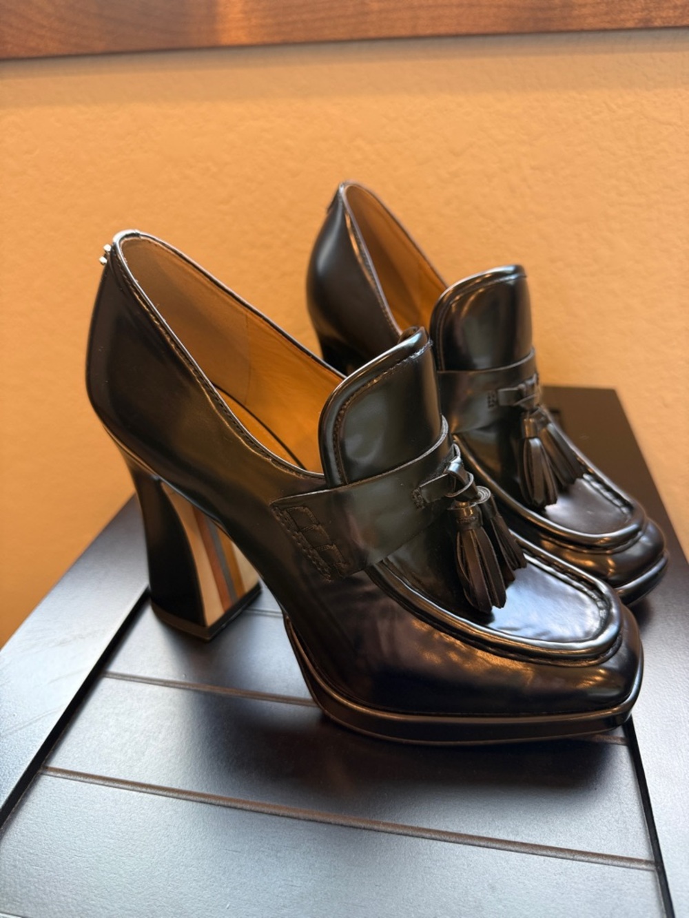 Black Tassel Platform Loafers - Women's High Heel Dress Shoes